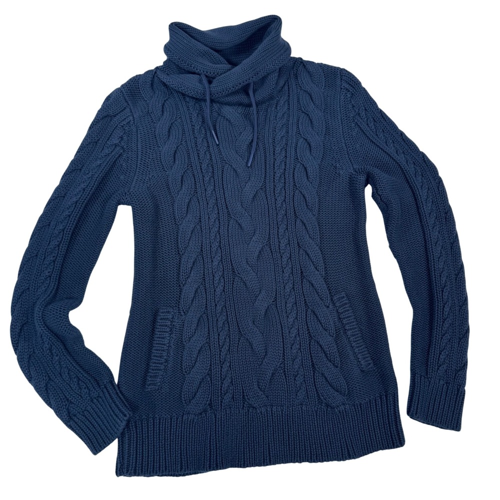 L.L.Bean Fisherman Cable Knit Sweater Women M Blue Cowl FunnelNeck Gorp Granola